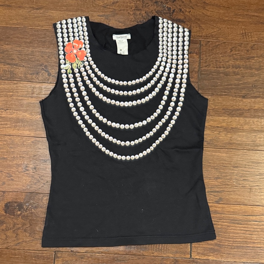 Black Cacharel trompe l’oeil cascading pearl necklace Tank w/ flower vintage 4